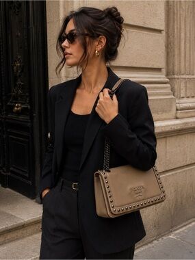 PRADA PATTINA GLACE STUDDED BAG CALFSKIN BEIGE /BLACK HARDWARE